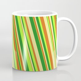[ Thumbnail: Forest Green, Tan, Chocolate, and Light Green Colored Lined/Striped Pattern Coffee Mug ]