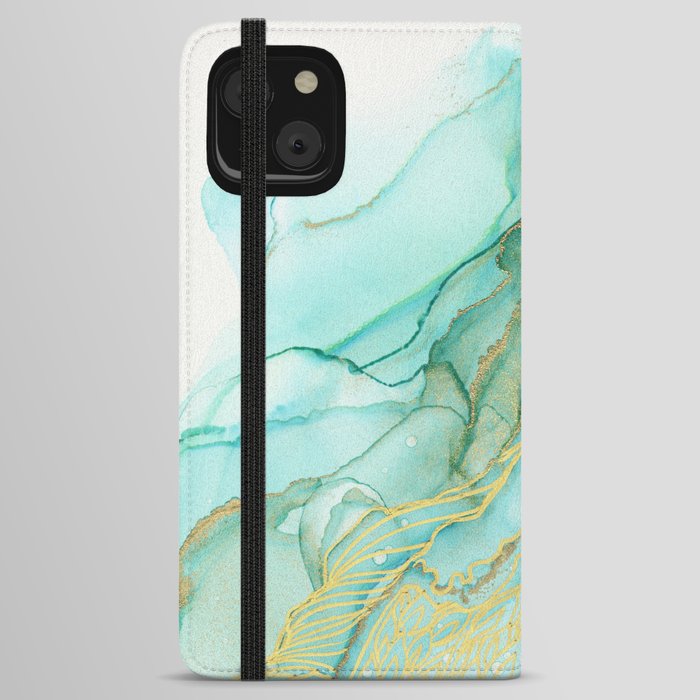 Magic Bloom Flowing Teal Blue Gold iPhone Wallet Case