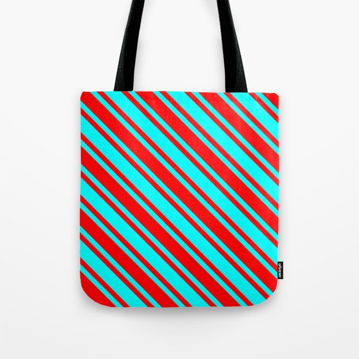 Aqua and Red Colored Lined Pattern Tote Bag