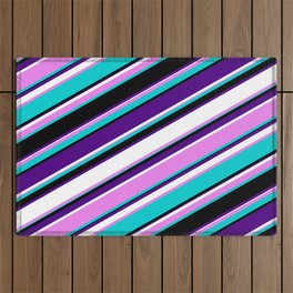 [ Thumbnail: Eyecatching Violet, Dark Turquoise, Black, Indigo & White Colored Lines/Stripes Pattern Outdoor Rug ]