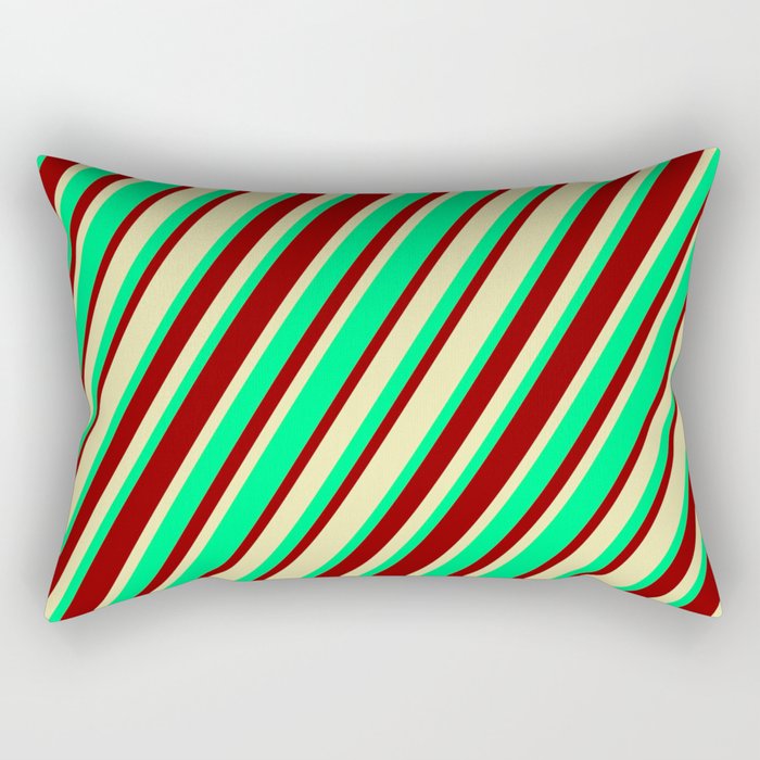 Green, Dark Red & Pale Goldenrod Colored Stripes Pattern Rectangular Pillow