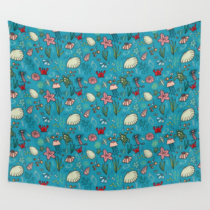 Beach and underwater pattern - fish and turtles and sea shells, oh my! Wall Tapestry