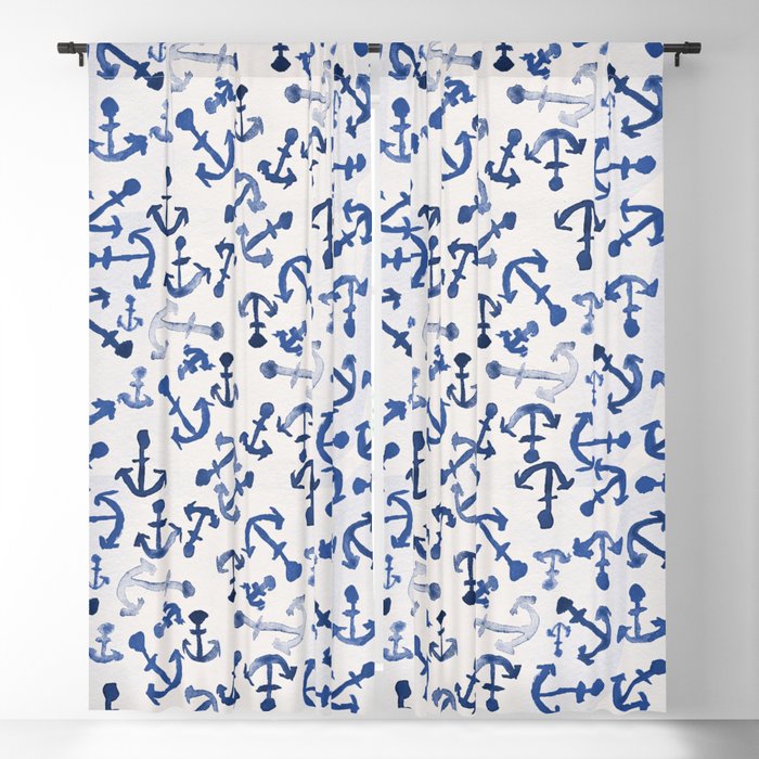 Nautical Navy Blue White Watercolor Anchor Pattern Blackout Curtain