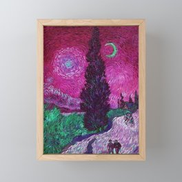 Road with Cypress and Star; Country Road in Provence by Night, oil-on-canvas post-impressionist landscape painting by Vincent van Gogh in alternate pink twilight sky Framed Mini Art Print