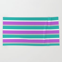 [ Thumbnail: Grey, Light Sea Green, Mint Cream, and Orchid Colored Lined Pattern Beach Towel ]