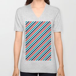 Diagonal Stripes In Blue Red White Nautical Theme Style V Neck T Shirt