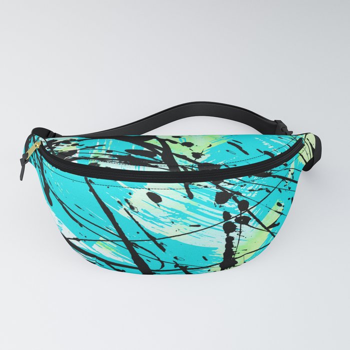 Abstract teal lime green brushstrokes black paint splatters Fanny Pack