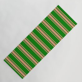 [ Thumbnail: Green and Dark Salmon Colored Lines/Stripes Pattern Yoga Mat ]