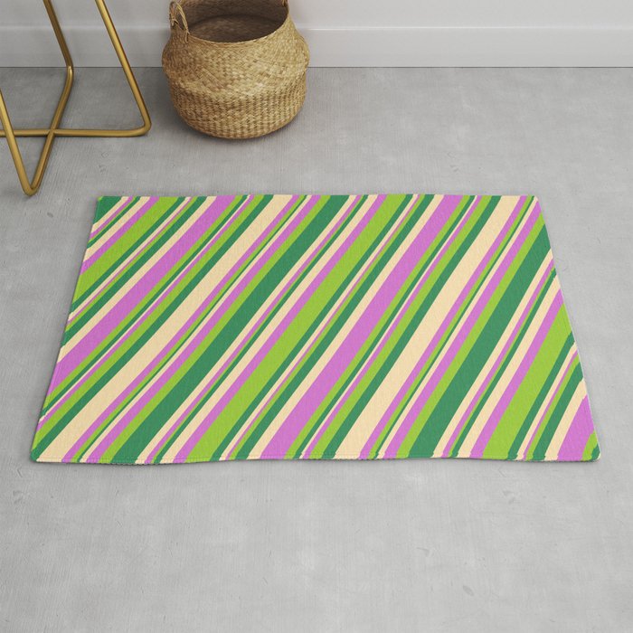 Orchid, Green, Sea Green, and Beige Colored Stripes Pattern Rug