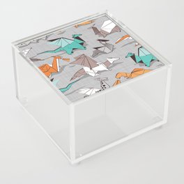 Origami dragon friends // grey linen texture background aqua orange grey and taupe fantastic creatures Acrylic Box