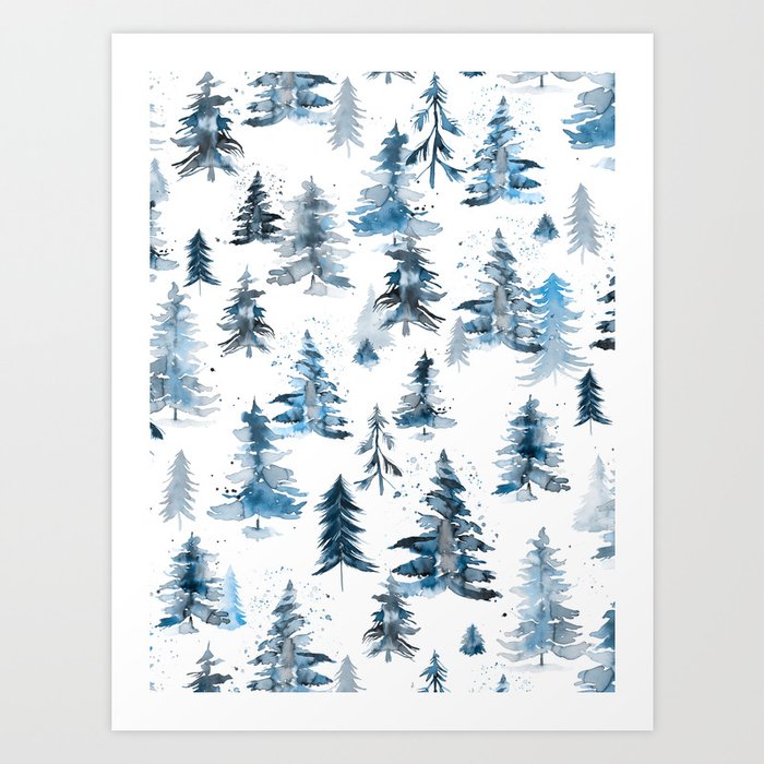 Watercolor Trees Pines Blue Art Print