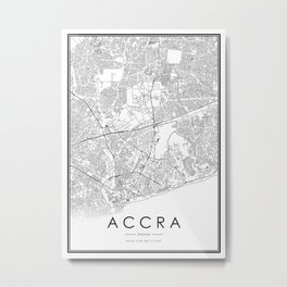 Accra City Map Ghana White and Black Metal Print | Modern, Graphic, Ghana, Roadmap, Illustration, Black And White, Simple, Linemap, Design, Vector 