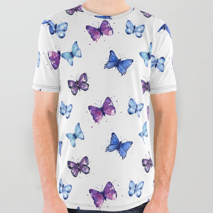 Two Blue Butterflies Watercolor All Over Graphic Tee