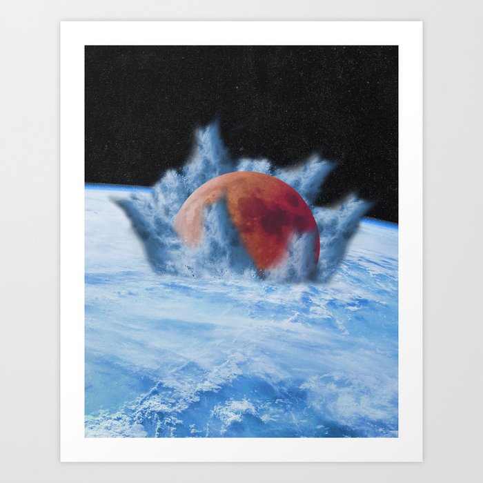Blood Moon Crashing Into Earth-Surreal Collage Art Print