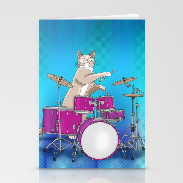 Cat Playing Drums - Blue Stationery Cards