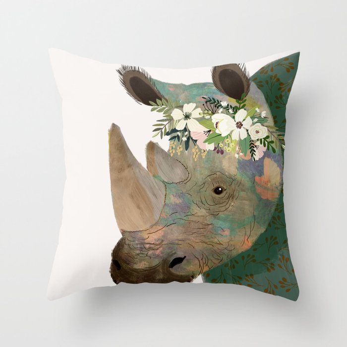 Rhino with flowers on head Throw Pillow
