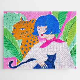 Cat Lady Jigsaw Puzzle | Jungle, Garden, Plants, Forest, Curated, Leaves, Panther, Woman, Girl, Watercolor 