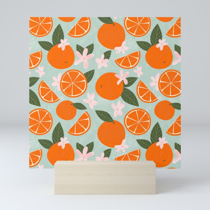 Orange Pattern with wildflowers, leaves and orange slices Mini Art Print