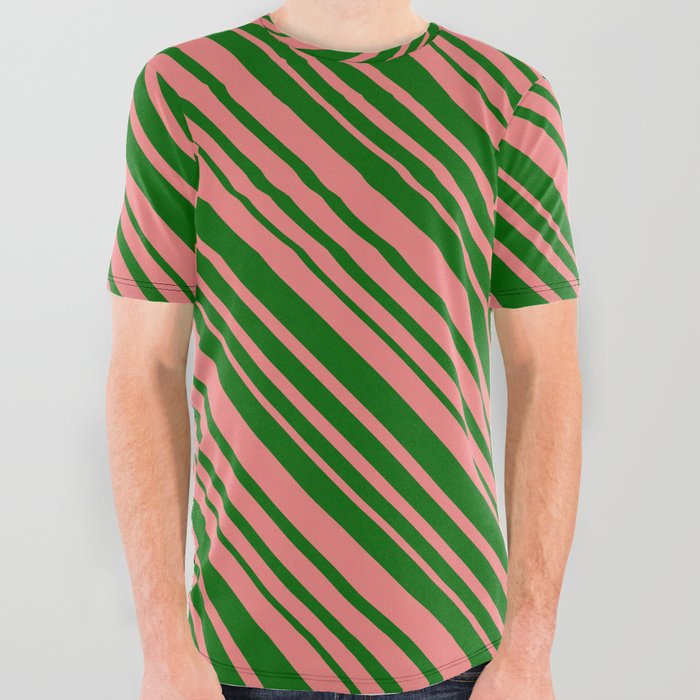Dark Green & Light Coral Colored Lined/Striped Pattern All Over Graphic Tee