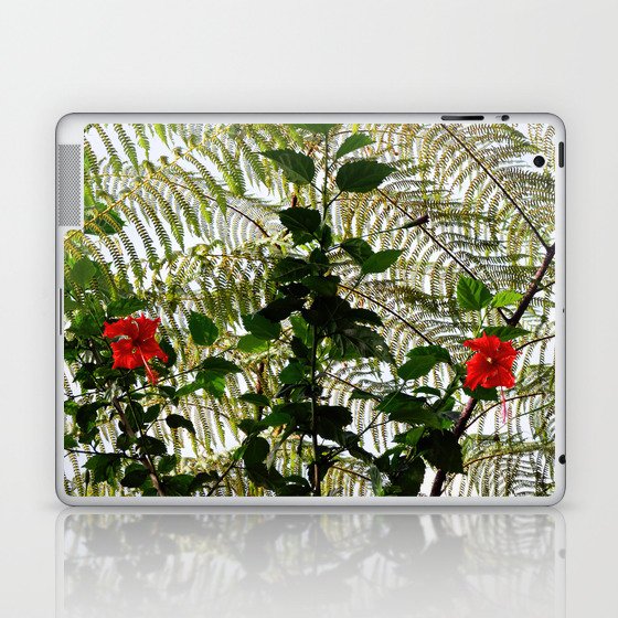 Red Hibiscus Flowers Blooming With Fern Laptop & iPad Skin