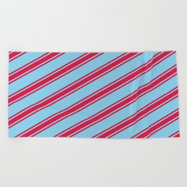 [ Thumbnail: Sky Blue & Crimson Colored Lines/Stripes Pattern Beach Towel ]