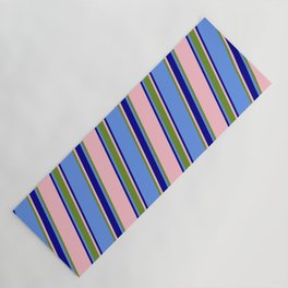 [ Thumbnail: Cornflower Blue, Green, Pink & Dark Blue Colored Striped/Lined Pattern Yoga Mat ]