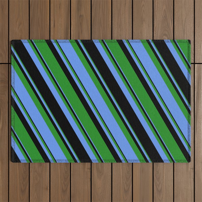Forest Green, Cornflower Blue & Black Colored Lines Pattern Outdoor Rug