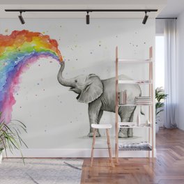 Baby Elephant Spraying Rainbow Wall Mural