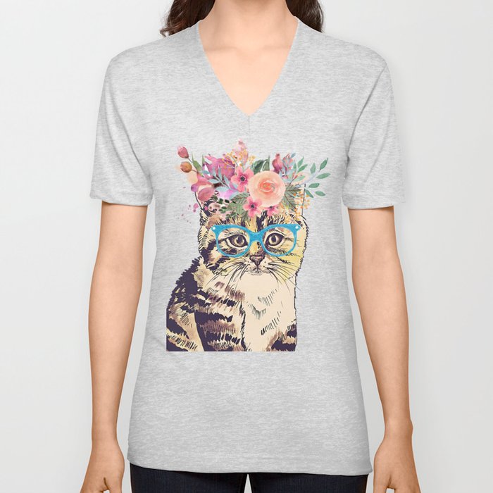 Cute Watercolor cat kitten with flower crown V Neck T Shirt