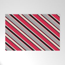 [ Thumbnail: Crimson, Beige, Dark Grey, and Black Colored Lined/Striped Pattern Welcome Mat ]