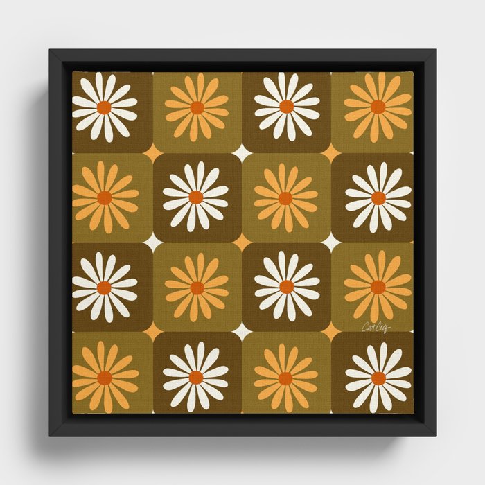 Checkered Daisies – Retro & Olive Framed Canvas