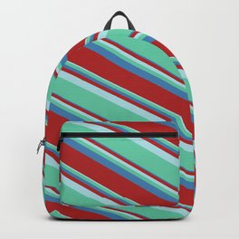 [ Thumbnail: Powder Blue, Aquamarine, Blue, and Red Colored Lined/Striped Pattern Backpack ]