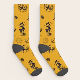 Mustard And Blue Silhouettes Of Vintage Nautical Pattern Socks