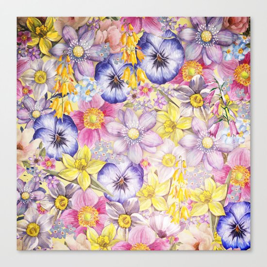 Painterly Vintage Spring Flowers Pattern - Springflower floral Canvas Print