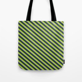 [ Thumbnail: Green, Pink, Dark Slate Gray, and Black Colored Lined Pattern Tote Bag ]