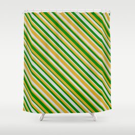 [ Thumbnail: Green, Light Gray, and Goldenrod Colored Striped Pattern Shower Curtain ]