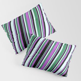 [ Thumbnail: Orchid, Black, Light Cyan, and Sea Green Colored Lined/Striped Pattern Pillow Sham ]