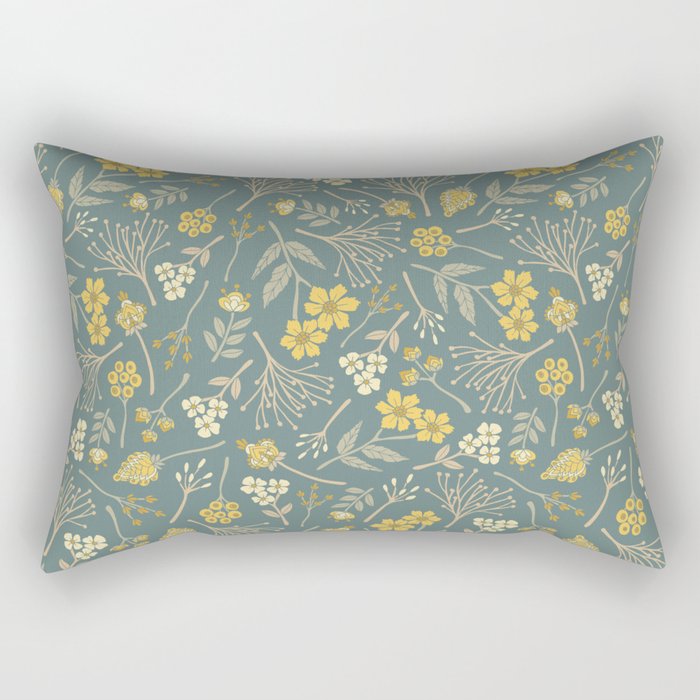 Yellow, Cream, Gray, Tan & Blue-Green Floral Pattern Rectangular Pillow