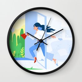 Happy businesswoman leaving home, running away to office. End of quarantine, work days Wall Clock