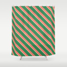 [ Thumbnail: Tan, Sea Green & Salmon Colored Striped/Lined Pattern Shower Curtain ]