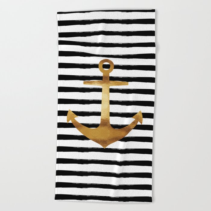 Anchor & Stripes - Gold Black Beach Towel