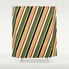 [ Thumbnail: Dark Olive Green, Beige, Brown & Black Colored Pattern of Stripes Shower Curtain ]