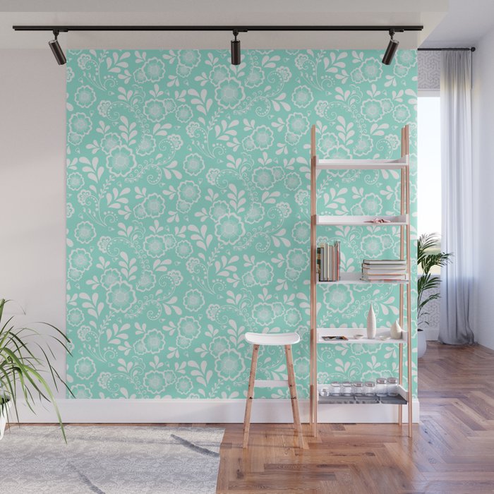 Seafoam And White Eastern Floral Pattern Wall Mural
