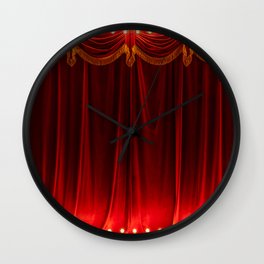 Theater red curtain and neon lamp around border Wall Clock