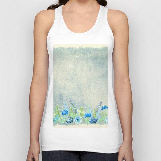 Blue flowers and roses in a meadow- Floral watercolor illustration Unisex Tank Top