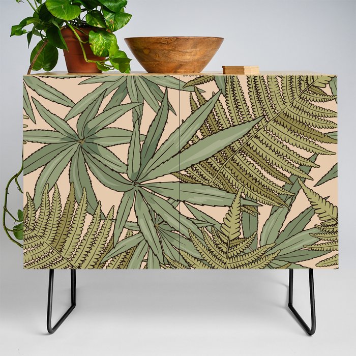 Vintage tropical pattern with fern and long leaves on beige background Credenza