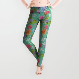 Asian Flowers with peonys and lilys on a mint green background Leggings