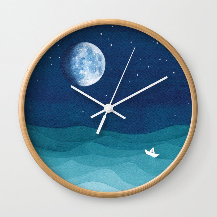 Moon Phase, teal watercolor Wall Clock