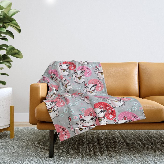 Kyoto Kitty on Grey Throw Blanket