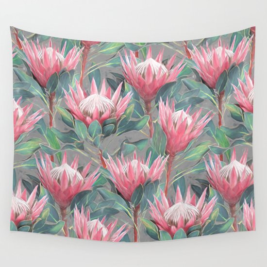 Pink Painted King Proteas on grey Wall Tapestry